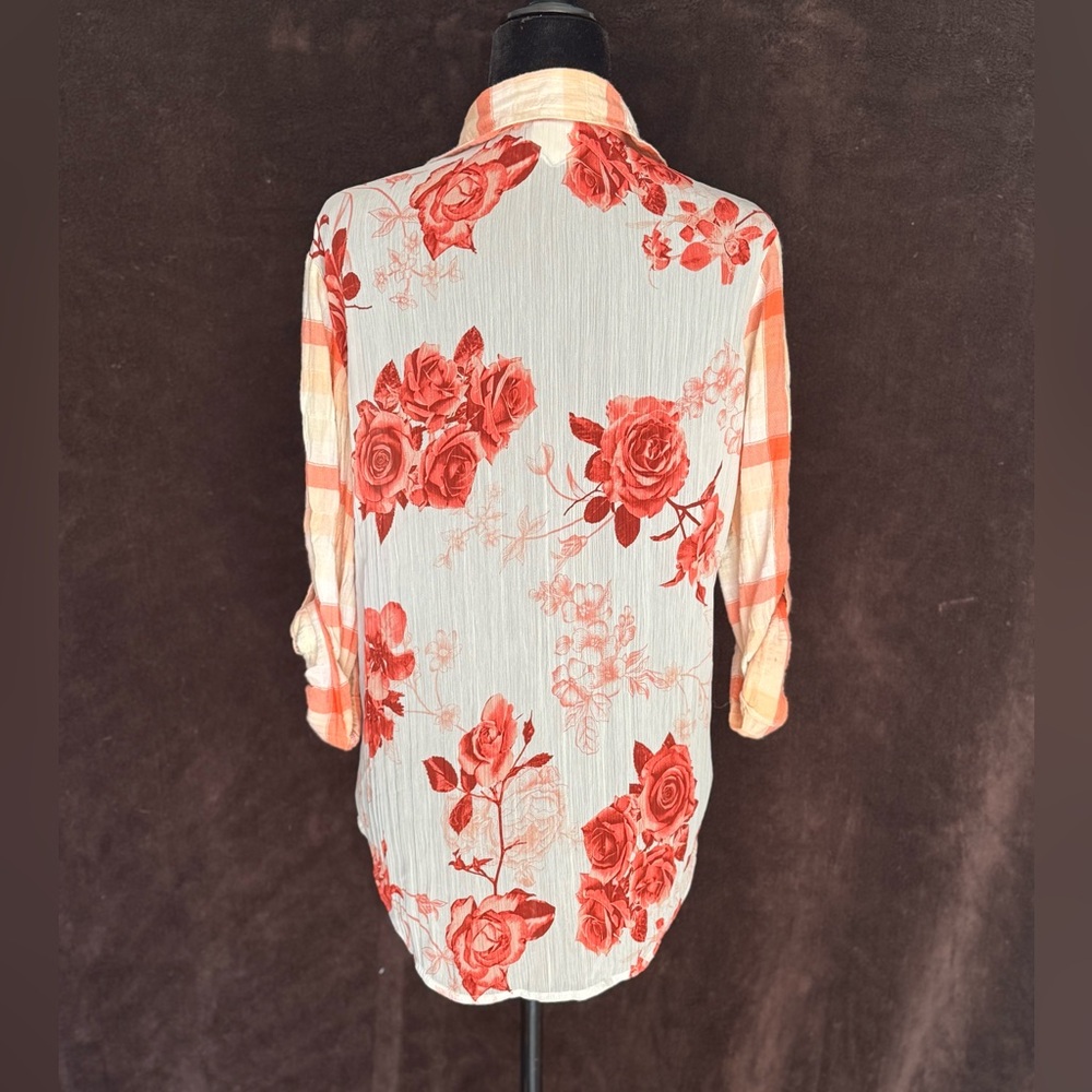 Plaid & Floral Button-Up Shirt with Bird Tag